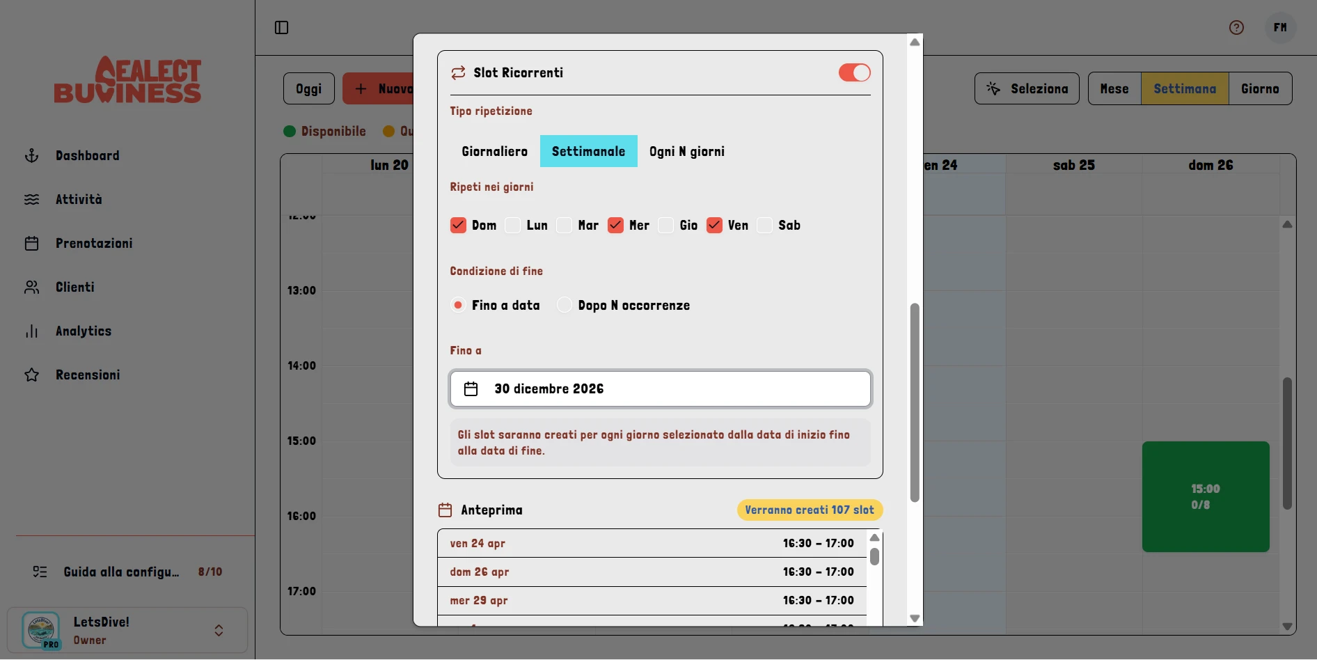 Form di creazione slot ricorrenti nella dashboard Sealect