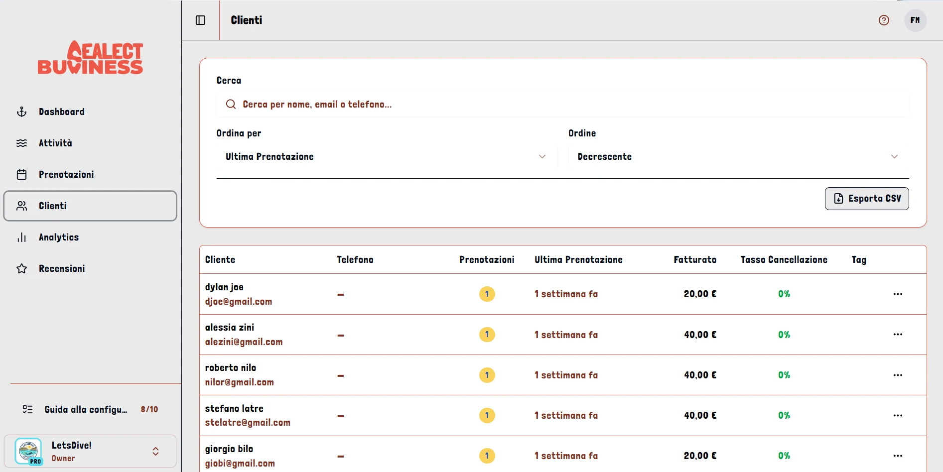 Rubrica clienti con storico prenotazioni nella dashboard Sealect