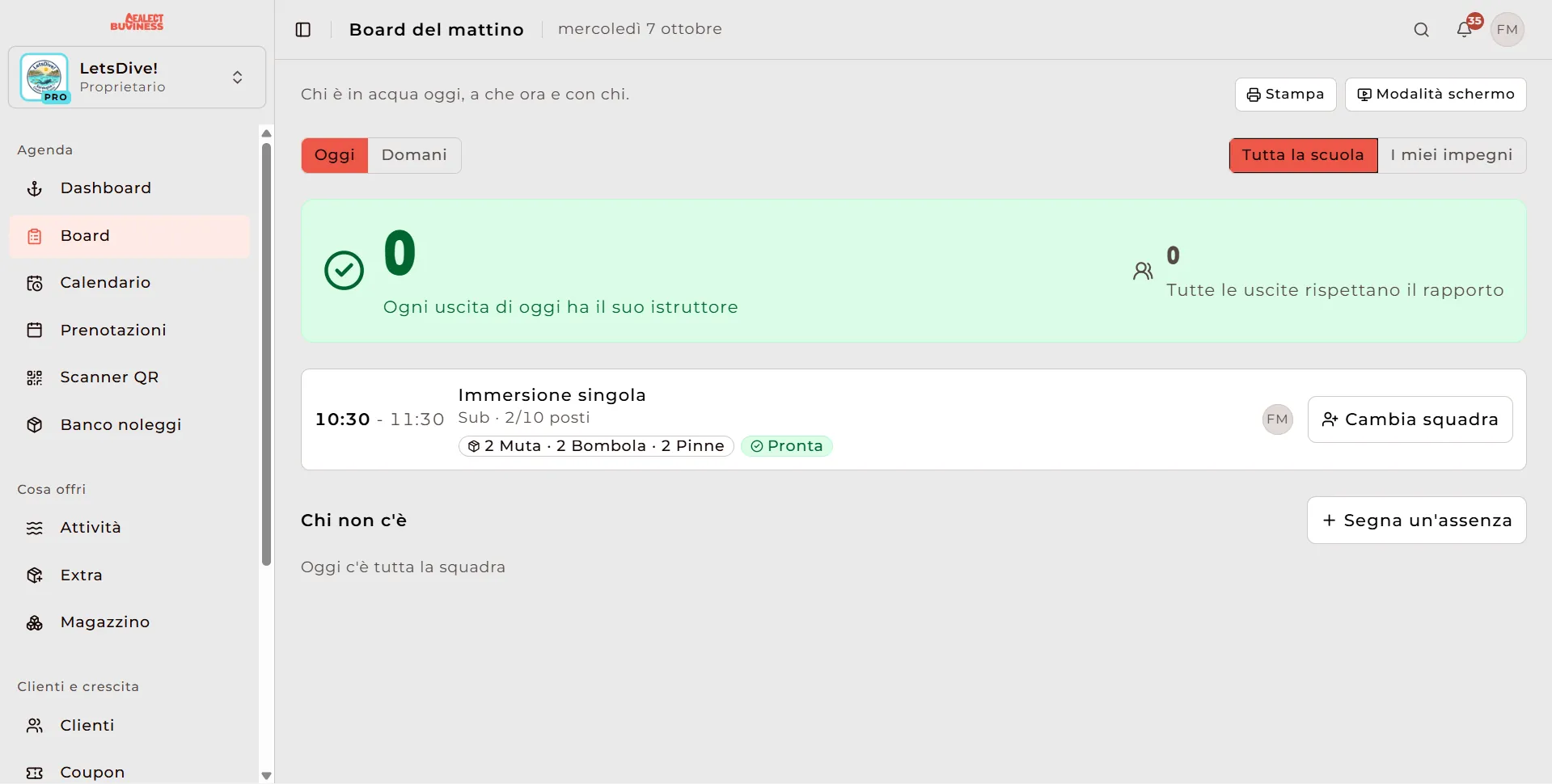 Board del mattino nella dashboard Sealect, con le uscite di oggi e lo staff assegnato