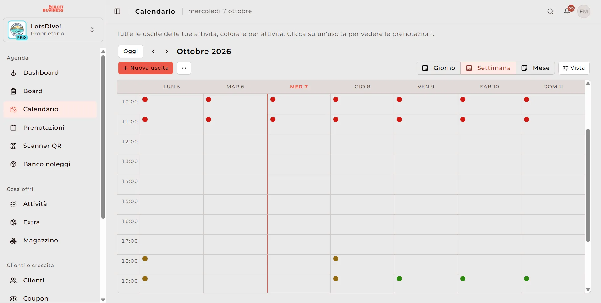 Vista calendario settimanale nella dashboard Sealect, con le uscite colorate per attività