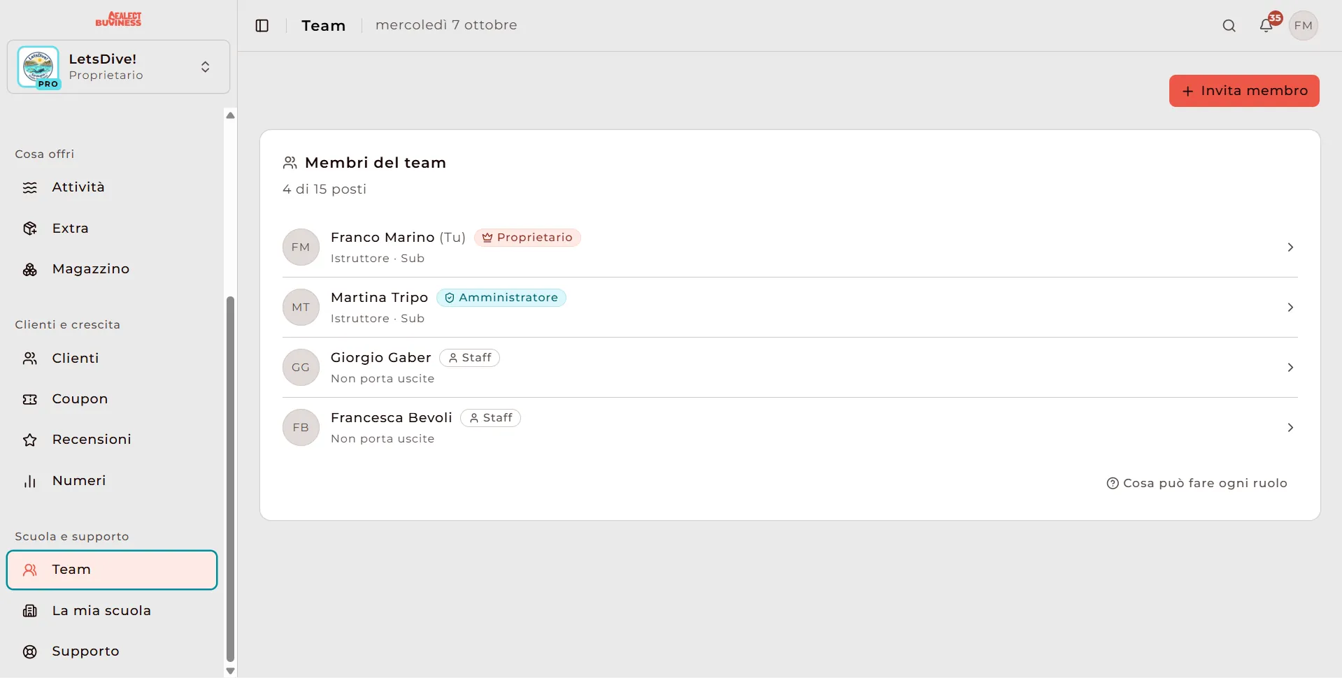 Gestione membri del team nella dashboard Sealect