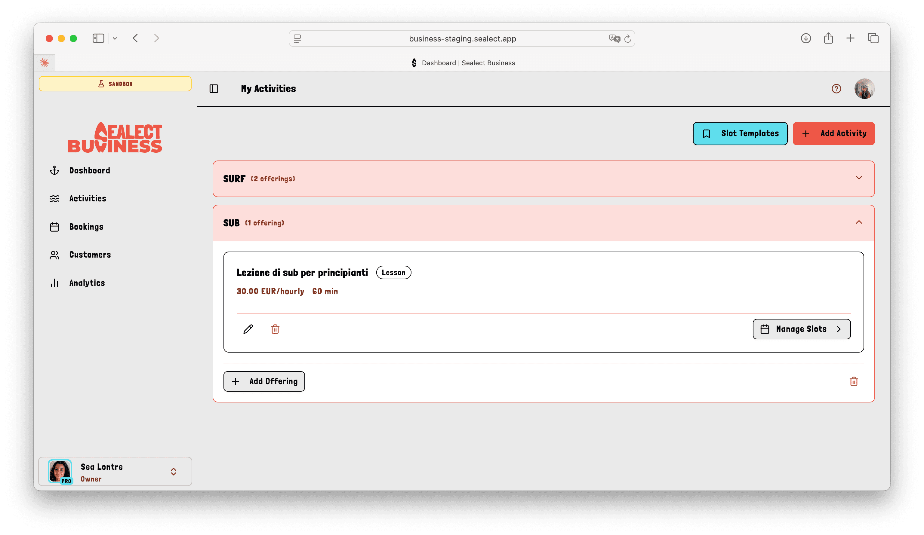 Activities and offers management in the Sealect dashboard