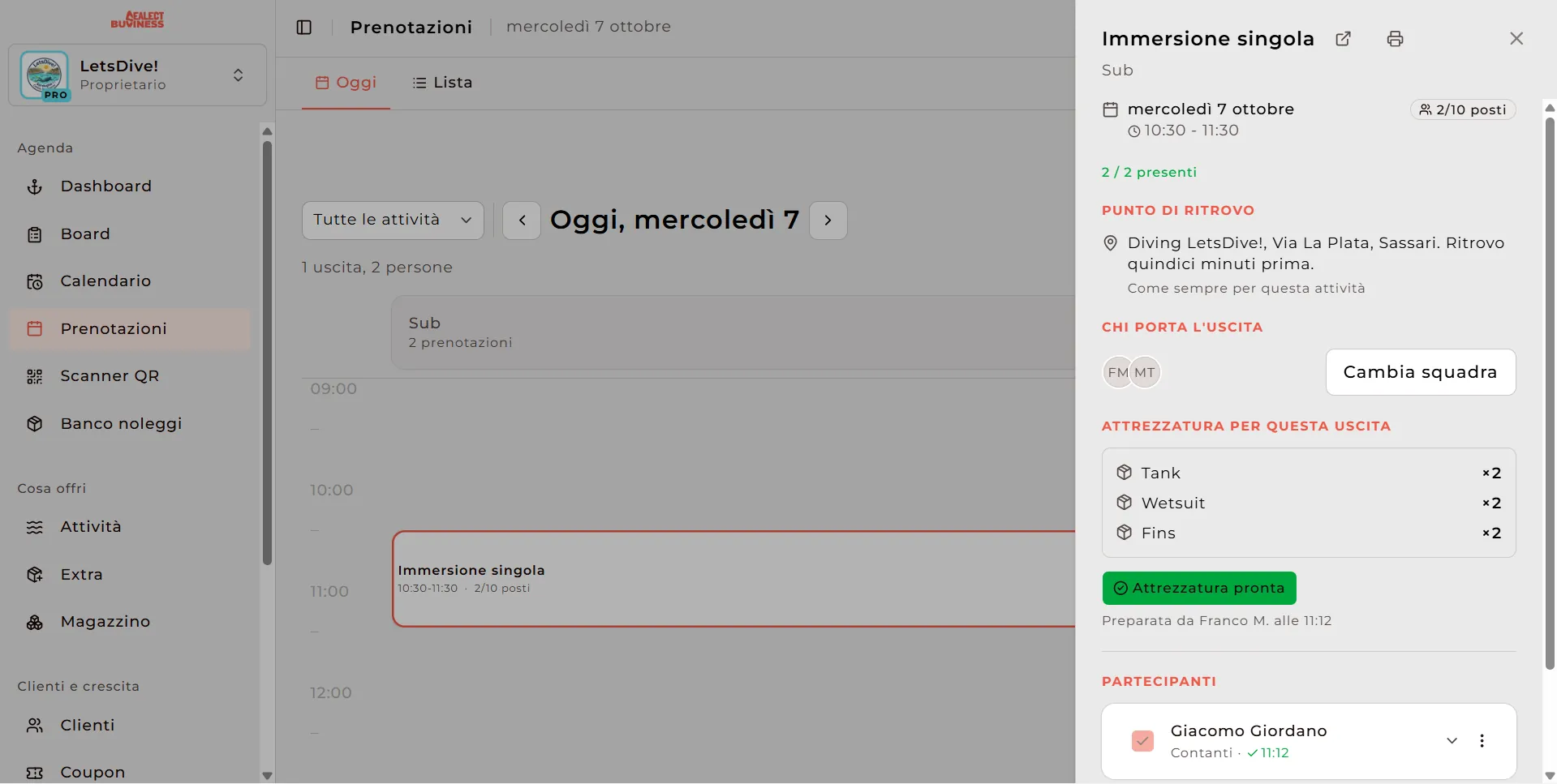 Scheda di un'uscita nella dashboard Sealect, con punto di ritrovo, istruttori, attrezzatura e partecipanti