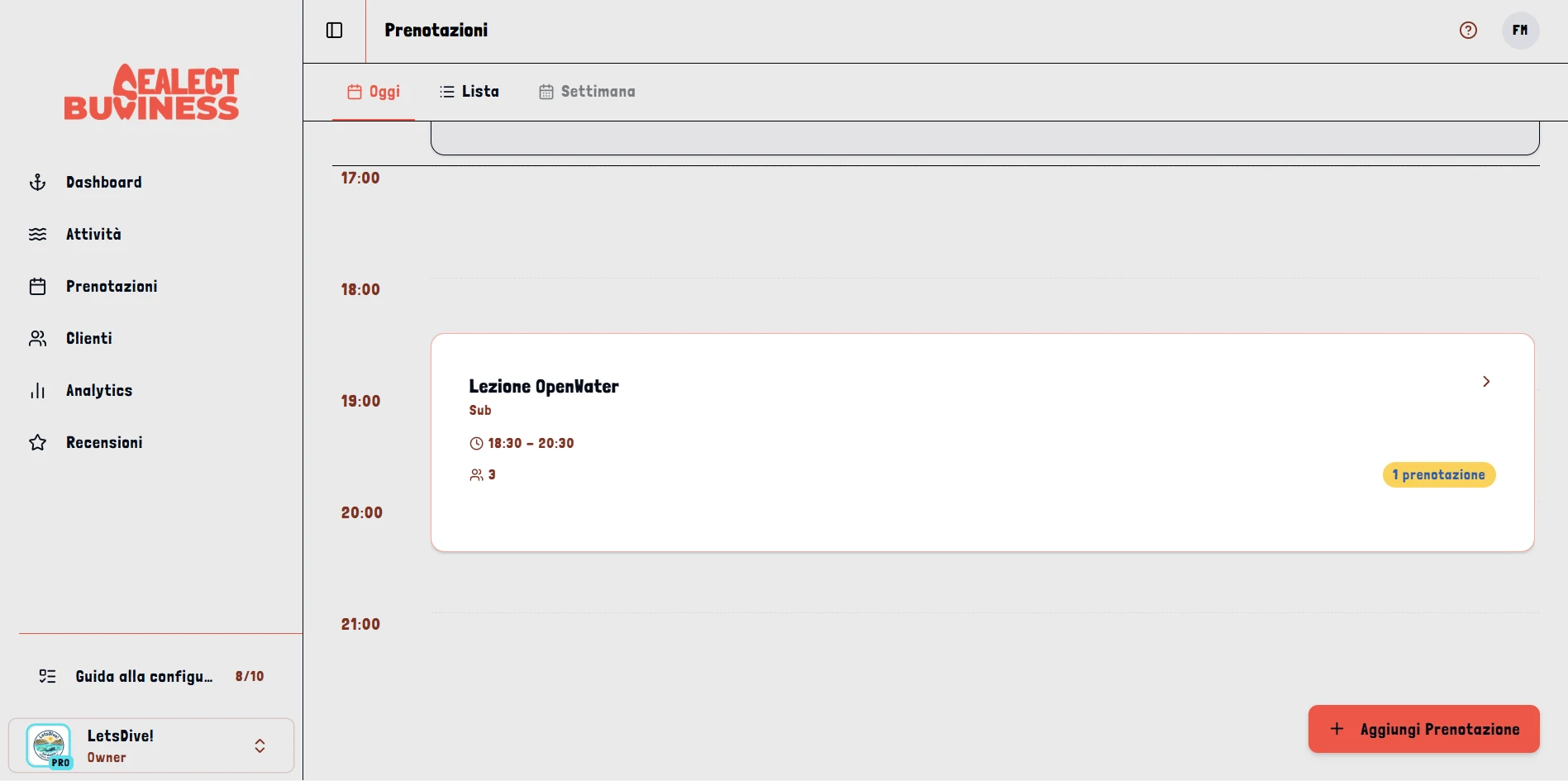 Sealect dashboard: prenotazioni di oggi