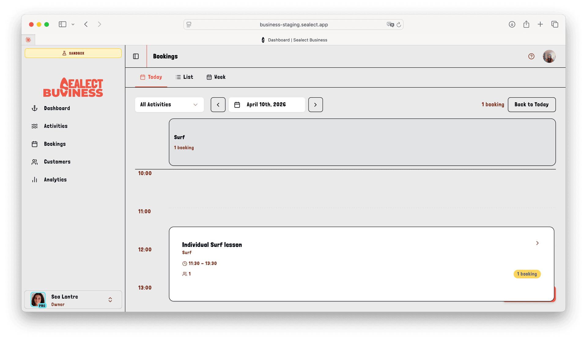 Sealect dashboard — prenotazioni di oggi