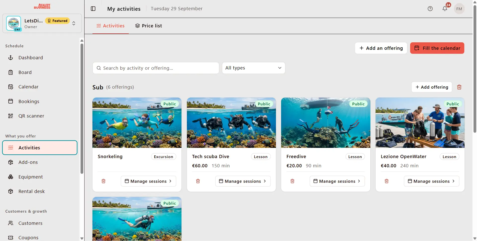 Activities and offers management in the Sealect dashboard