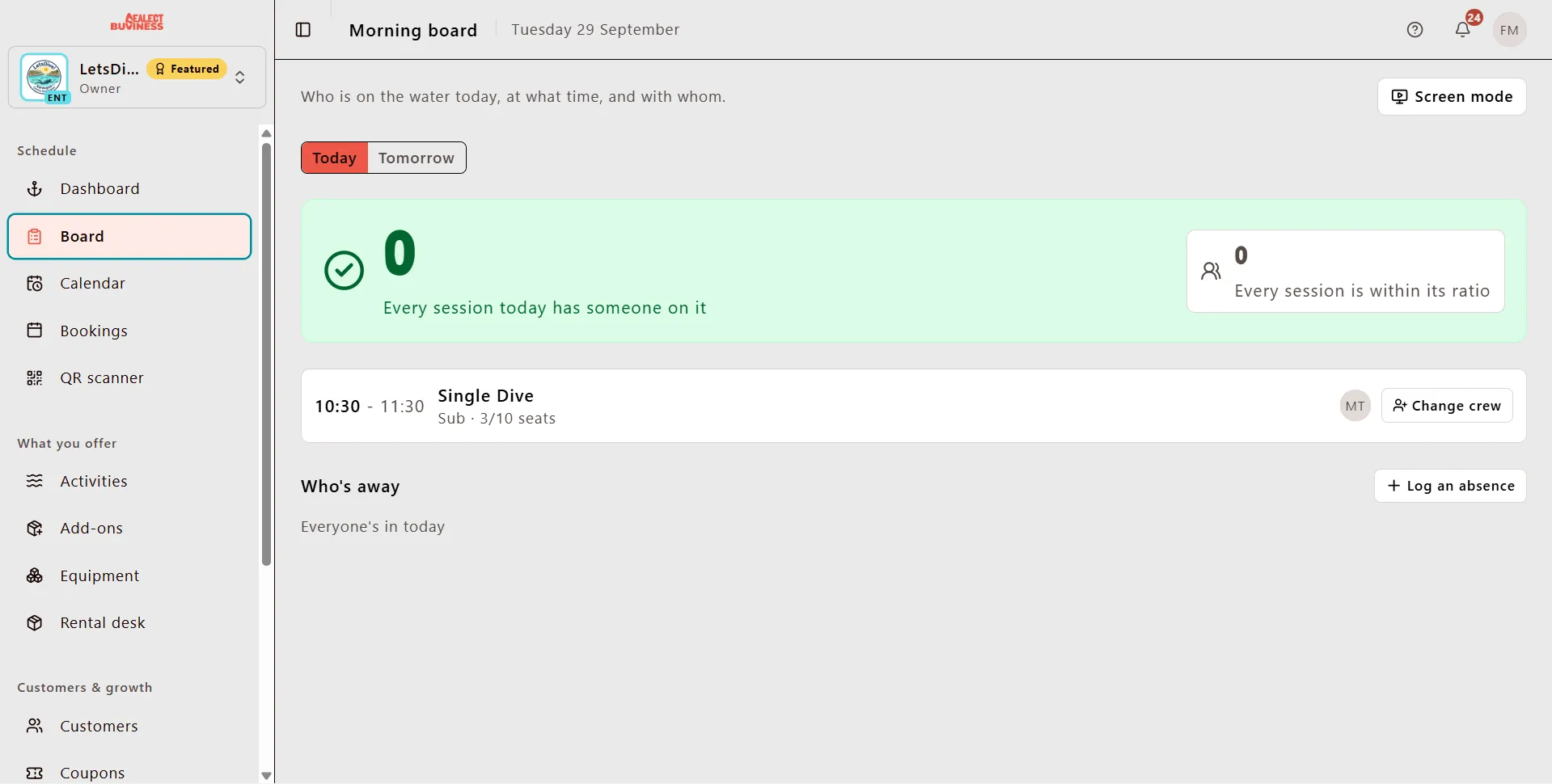The Sealect dashboard showing the morning board: who's on the water today