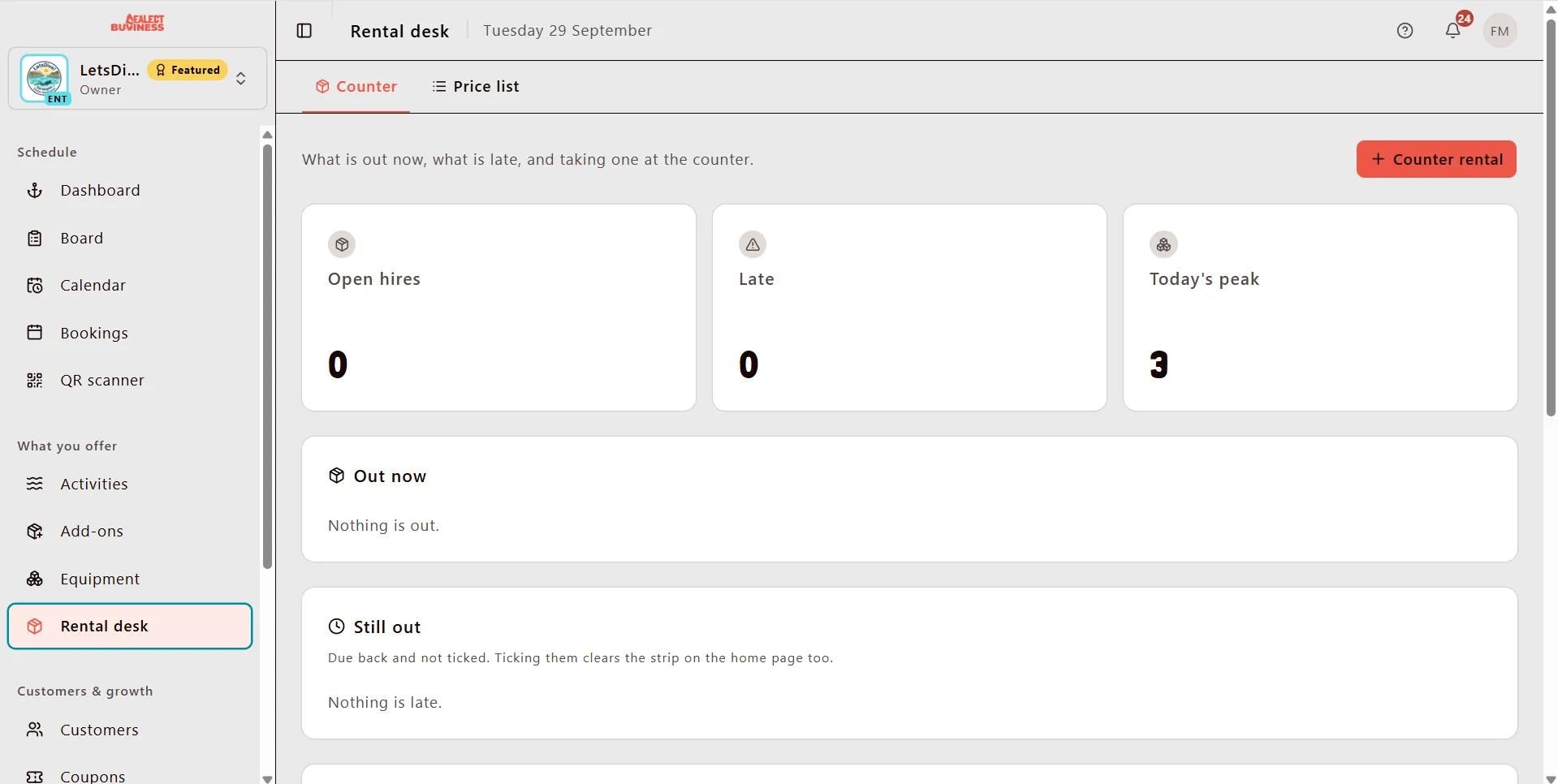 Rental desk in the Sealect dashboard, with gear to prepare and gear still out