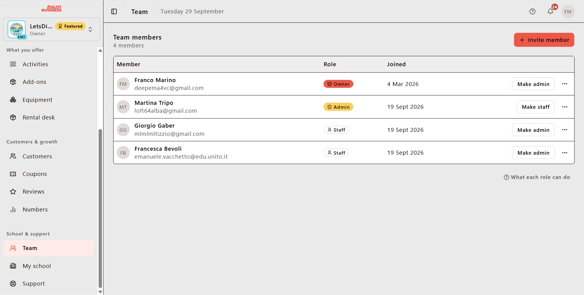 Team member management in the Sealect dashboard