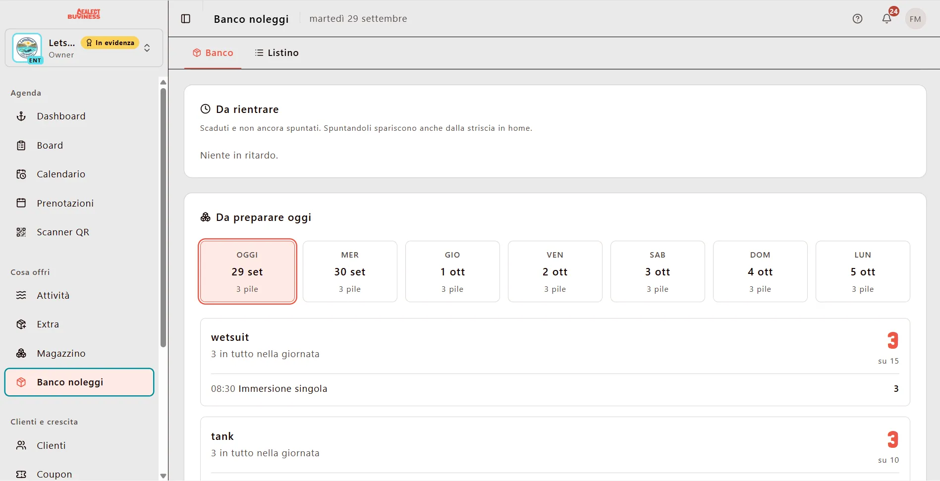Banco noleggi nella dashboard Sealect, con l'attrezzatura da preparare e da far rientrare